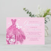 Hot Pink Silver Butterfly Kleid Quinceanera Folieneinladung (Stehend vorne)
