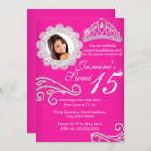 Hot Pink Silver Diamond Tiara Foto Quinceanera Einladung (Vorne/Hinten)