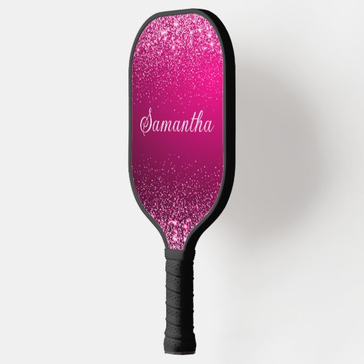 Hot Pink Silver Glitzer Name Script Pickleball Schläger (Links)