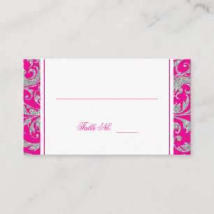 Hot Pink Silver Glitzer Platzkarte wirbeln Damask