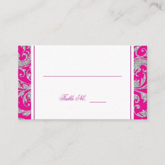 Hot Pink Silver Glitzer Platzkarte wirbeln Damask (Vorderseite)