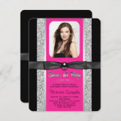 Hot Pink Silver Glitzer Sweet 16 Party Einladung (Vorne/Hinten)