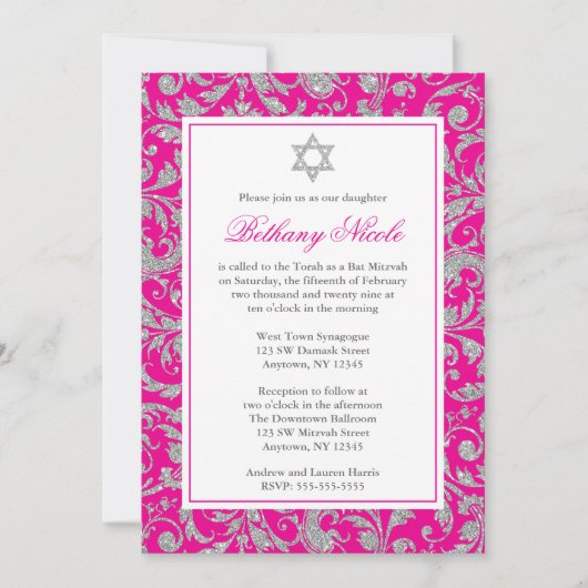Hot Pink Silver Glitzer Swirl Damask Bat Mitzvah Einladung (Vorderseite)