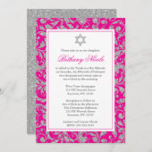 Hot Pink Silver Glitzer Swirl Damask Bat Mitzvah Einladung (Vorne/Hinten)