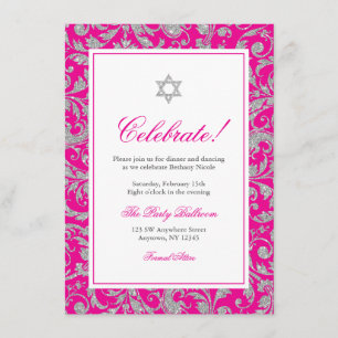 Hot Pink Silver Glitzer Swirl Damask Empfang Einladung