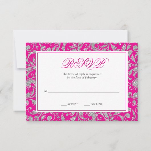 Hot Pink Silver Glitzer UAWG wirbeln Damask RSVP Karte (Vorderseite)