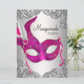 Hot Pink Silver Mask Maskenball Party Einladung (Stehend Vorderseite)