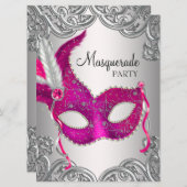 Hot Pink Silver Mask Maskenball Party Einladung (Vorne/Hinten)