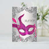 Hot Pink Silver Mask Masquerade Party UAWG RSVP Karte (Stehend Vorderseite)