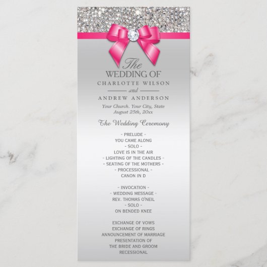 Hot Pink Silver Sequin Diamond Bow Wedding Program Programm (Vorderseite)