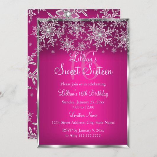 Hot Pink Silver Snowflake Sweet 16 Einladung (Vorne/Hinten)