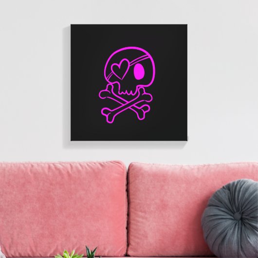 Hot Pink Skull und Crossbones auf Schwarz Leinwanddruck (Insitu (Wohnzimmer))