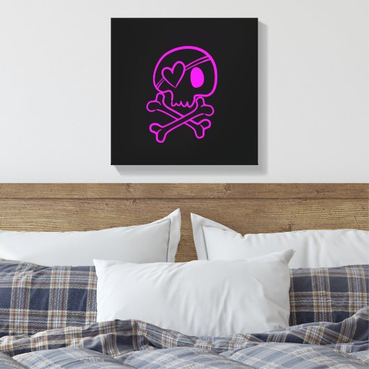 Hot Pink Skull und Crossbones auf Schwarz Leinwanddruck (Insitu (Schlafzimmer))