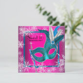 Hot Pink Snowflake Sweet 16 Masquerade Party Einladung (Stehend Vorderseite)