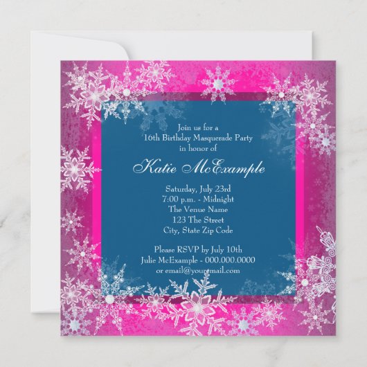 Hot Pink Snowflake Sweet 16 Masquerade Party Einladung (Rückseite)