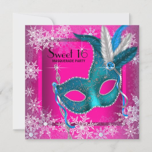 Hot Pink Snowflake Sweet 16 Masquerade Party Einladung (Vorderseite)