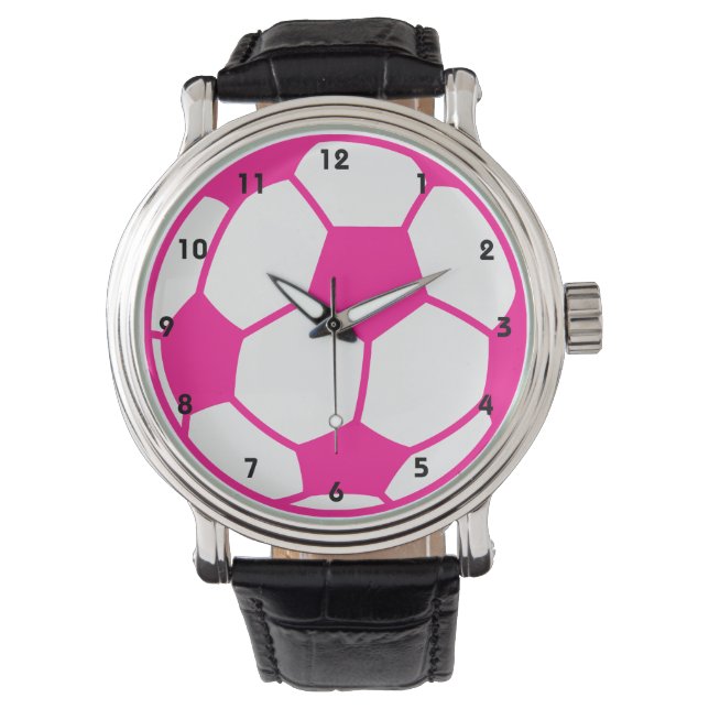 Hot Pink Soccer Ball Armbanduhr (Vorderseite)