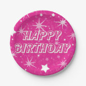 Hot Pink Sparkle Stars Glücklich Geburtstag Party Pappteller (Vorderseite)