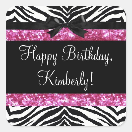 Hot Pink Sparkle Zebra Girly Girl Quadratischer Aufkleber (Vorderseite)