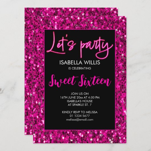 Hot pink sparkles Sweet 16 neon lets party Einladung (Vorne/Hinten)