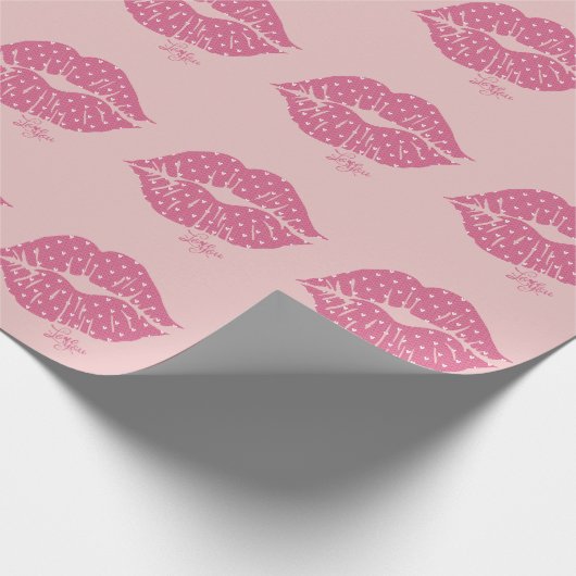Hot Pink Strick Lippen mit kleinen weißen Herzen Geschenkpapier (Ecke)