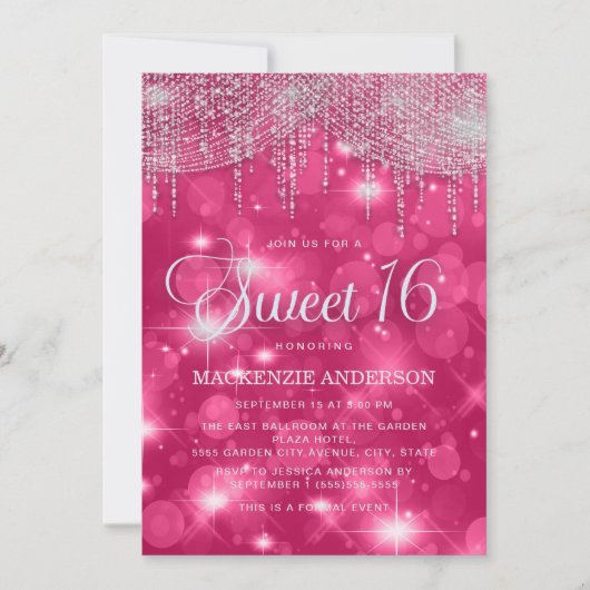 Hot Pink String Lights Sparkle Sweet 16 Einladung (Vorderseite)