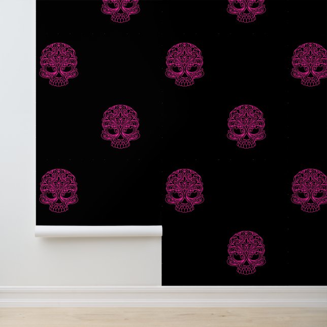 Hot Pink Sugar Skulls auf Solid Black Tapete (Anwendung)