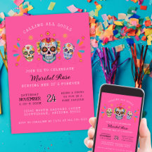 Hot Pink Sugar Skulls Day of the Dead Birthday