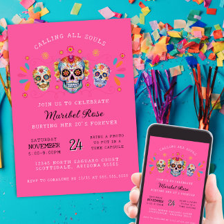 Hot Pink Sugar Skulls Day of the Dead Birthday Einladung