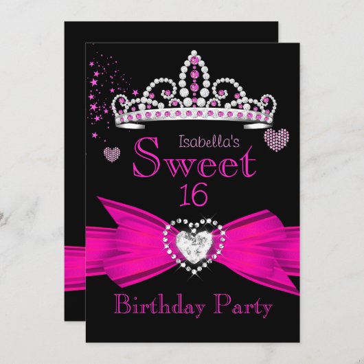 Hot Pink Sweet 16 Birthday Diamond Tiara 2 Einladung (Vorne/Hinten)