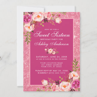 Hot Pink Sweet 16 Birthday Floral Glitzer Einladung