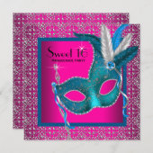 Hot Pink Sweet 16 Masquerade Party Einladung (Vorne/Hinten)