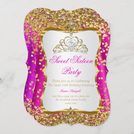 Hot Pink Tiara Princess Sweet 16 Gold White Einlad Einladung (Vorne/Hinten)