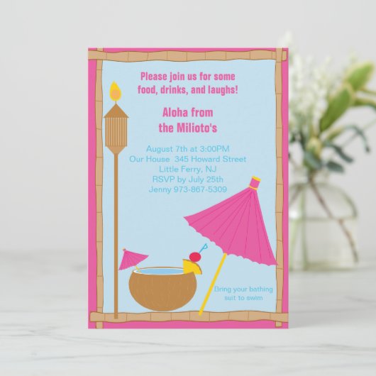 Hot Pink Tikki Torch Party Einladung (Stehend Vorderseite)