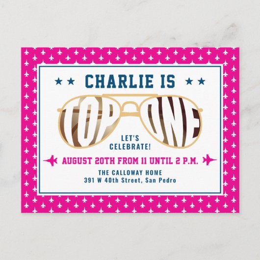 Hot Pink TopOne Fighter Pilot Thema Erster Geburts Postkarte (Vorderseite)