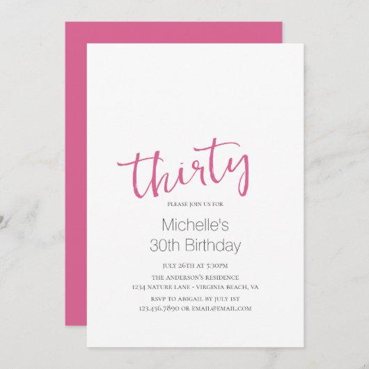 Hot Pink Trendy Moderne Minimalistisch 30. Geburts Einladung (Vorne/Hinten)