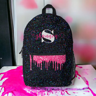 Hot Pink Tropfen Black Glitzer Individuelle Name B Bedruckter Rucksack