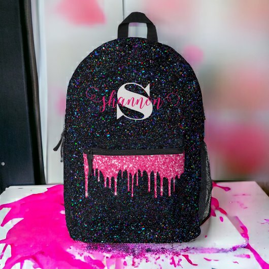 Hot Pink Tropfen Black Glitzer Individuelle Name B Bedruckter Rucksack