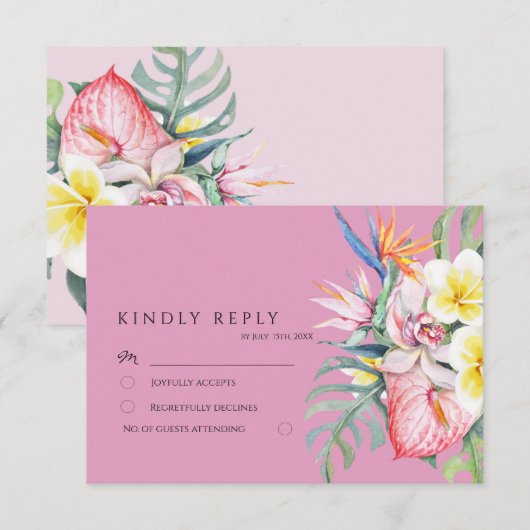 Hot Pink Tropical Floral Botanical Wedding RSVP Karte (Vorne/Hinten)