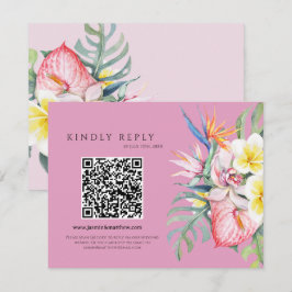Hot Pink Tropical Floral Hawaii QR Code Wedding RSVP Karte