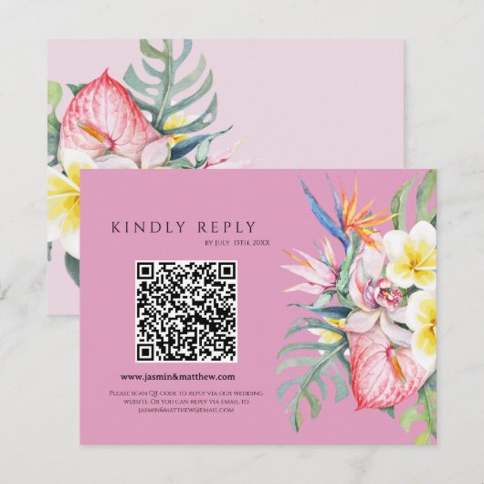 Hot Pink Tropical Floral Hawaii QR Code Wedding RSVP Karte (Vorne/Hinten)