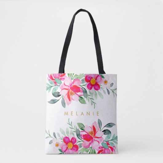 Hot Pink Tropical Watercolor Blumenstrauß Name Tasche (Vorderseite)