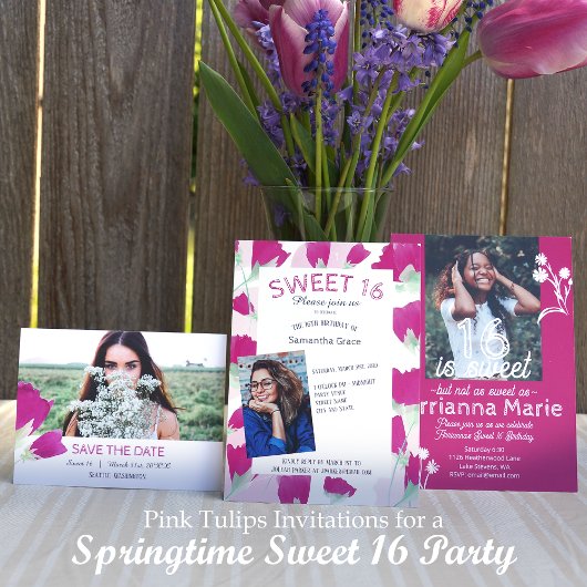 Hot Pink Tulips Sweet 16 Save the Date Card Hinweiskarte