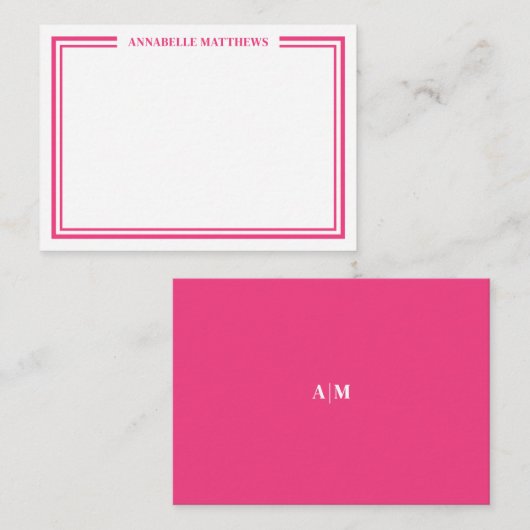 Hot Pink Two Border Minimalist Name Monogram Mitteilungskarte (Vorne/Hinten)