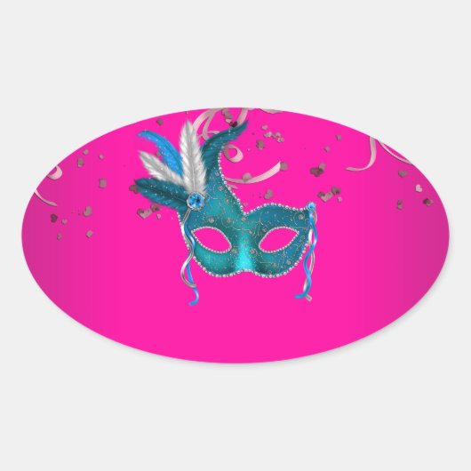 Hot Pink und Aquamarin Blue Masquerade Ovaler Aufkleber (Vorderseite)