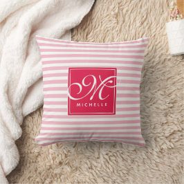 Hot Pink und Baby Pink Strichen - Script Monogram Kissen