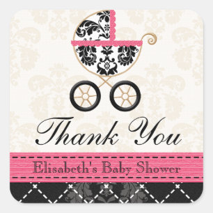 HOT PINK und Black Damask Baby Carriage Vielen Dan Quadratischer Aufkleber