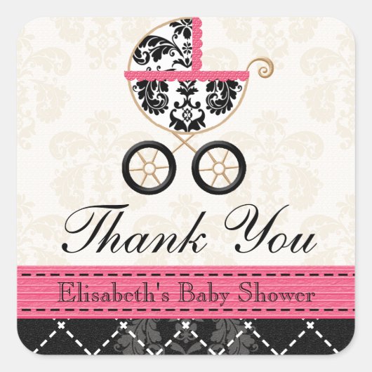 HOT PINK und Black Damask Baby Carriage Vielen Dan Quadratischer Aufkleber (Vorderseite)