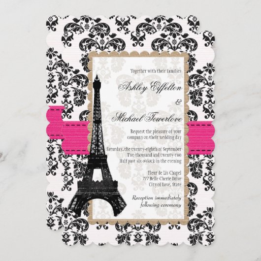 Hot Pink und Black Damask Eiffelturm Hochzeit Einladung (Vorne/Hinten)