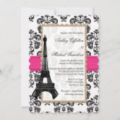 Hot Pink und Black Damask Eiffelturm Hochzeit Einladung (Vorderseite)